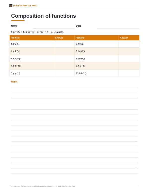 Preview of Composition of Functions Worksheet
